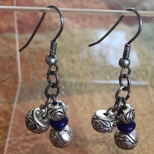 Boho french wire silver tone and blue etched bead hanging earrings